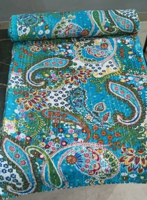 Indian Handmade  Cotton Kantha Floral Quilt Throw Blanket Bedspread Vintage