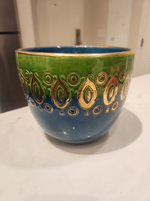 Vintage Bitossi Aldo Londi Mid Century Blue Green and Gold Bowl Planter Vase