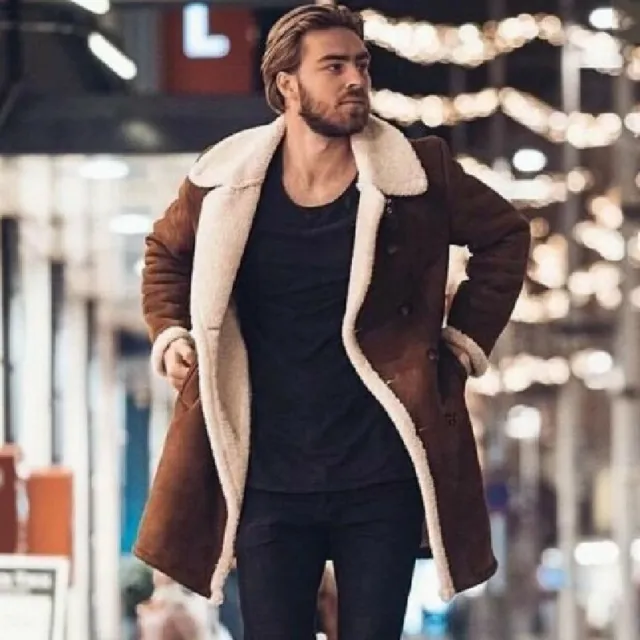 Mens Fashion Parka Outwear Winter Warm Jacket Coat Faux Suede Fleece Lined Lapel
