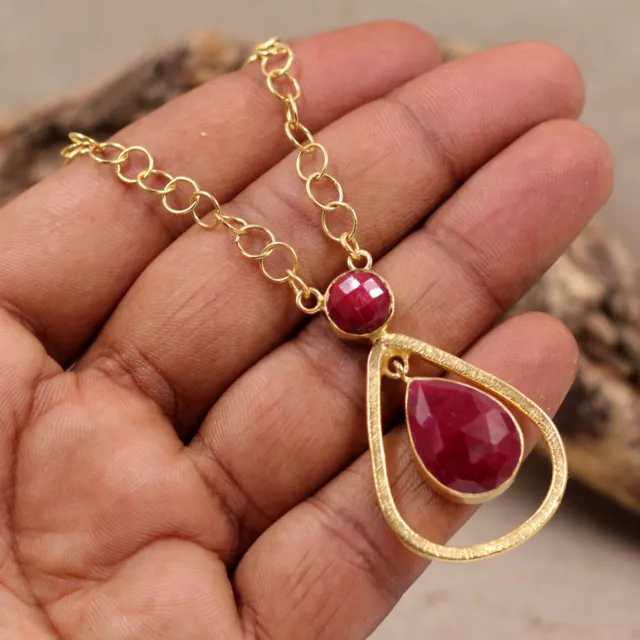 Ruby Gemstone Corundum Statement Gold Plated 21 inch Necklace 925 Silver Jewelry