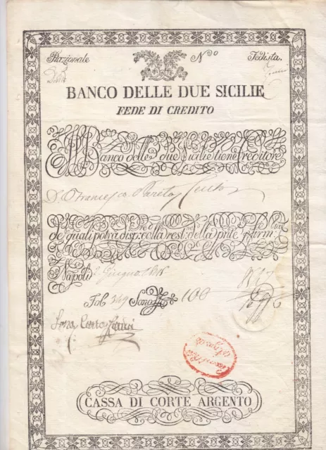 2-3) Banco Delle Due Sicilie, Fede Di Credito 1815 Cassa Di Corte D'argento