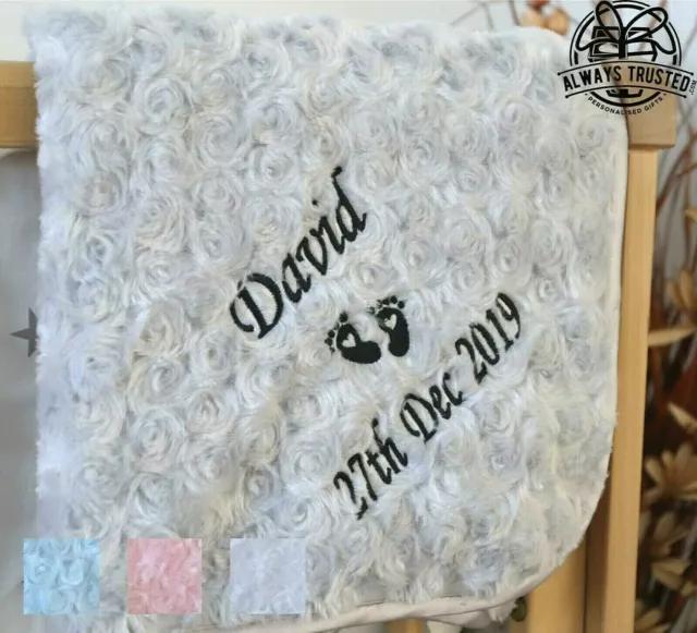 Personalised Baby Blanket Embroidered Rosebud Italic Font Baby Boy Girl Gift