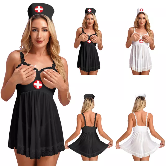 UK Womens Nurse Lingerie Costume Cutout Cups Lace Nightwear Dress Thong Headband