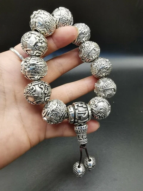 Old Chinese tibet silver handcarved dragon beads Bracelet