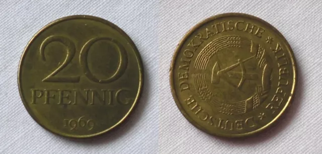 20 Pfennig DDR 1969 Fehlprägung, prägefrisch, Stempeldrehung 65 Grad (123518)