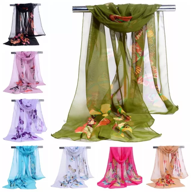 Women's Long Butterfly Flower Print Chiffon Scarf Soft Wrap Shawl Silk Hijab Lot