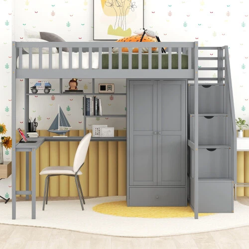 FULL SIZE LOFT Bed with Desk and Wardrobe Storage Solid Wood
