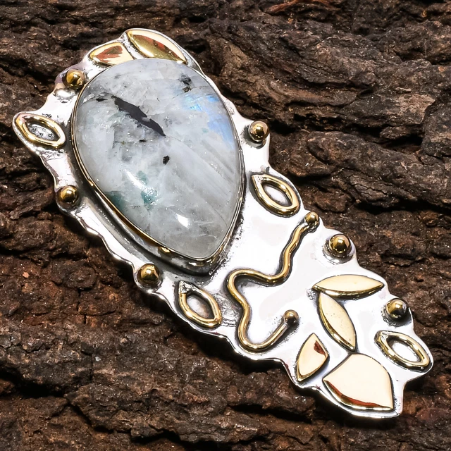 Rainbow Moonstone Gemstone 925 Sterling Silver Jewelry Pendant 2.64"
