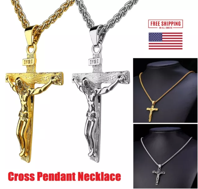 Men's Stainless Steel Cross Crucifix Bible Prayer Pendant Necklace 24" Chain 2