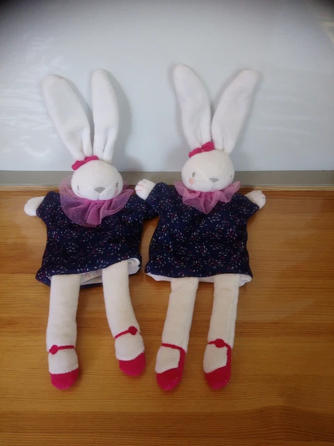 Doudou plat lapin blanc marionnette robe bleu tulle lot Sergent Major