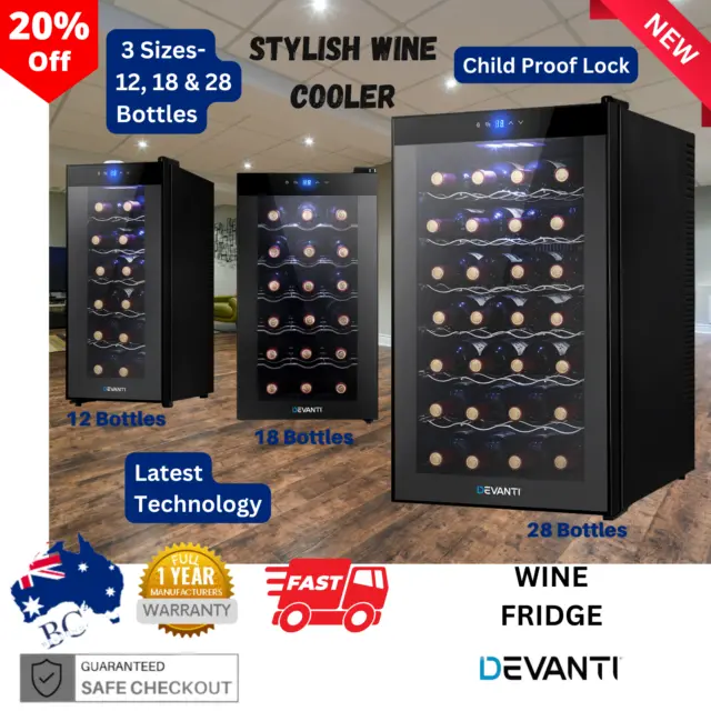 Devanti Wine Cooler 3 Sizes 12 18 or 28 Bottle Rack Storage Fridge Double Glazed
