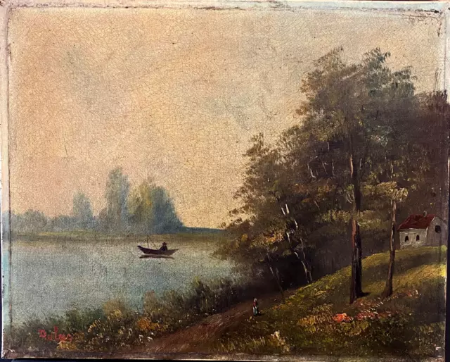 Ancien Tableau Huile Sur Toile Barbizon Paysage Animé Rivière 19ème