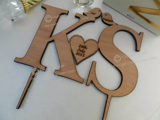 Monogram Initials Wooden Wedding Cake Topper. Love-birds, Butterflies & Hearts