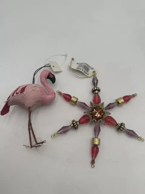 2  Pink Tree Ornament Plastic Atomic Star Snowflake Beads Paper Mache Flamingo