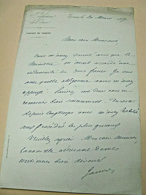 EUGENE JANVIER DE LA MOTTE Autographe Signé 1857 PREFET GARD DEPUTE PROCES
