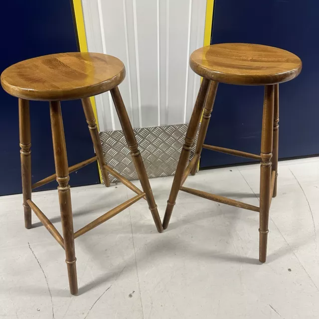 Vintage Wooden Country Kitchen Style Stools Pair Breakfast Bar
