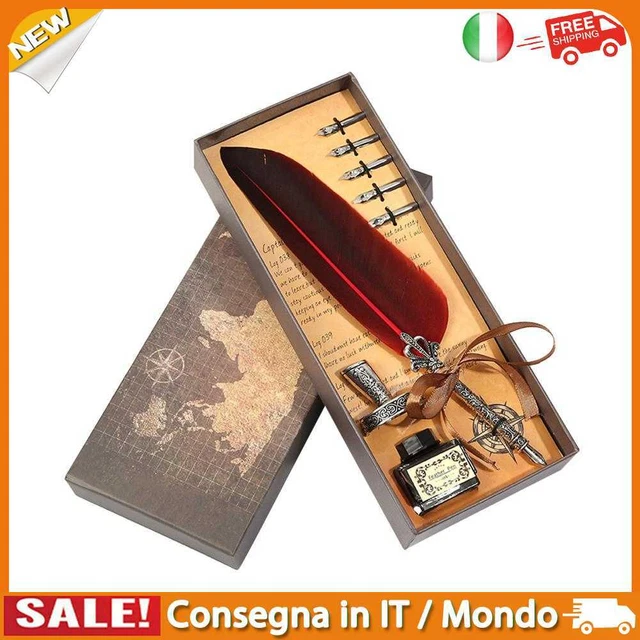 IT Retro Calligraphy Feather Dip Pen Writing Ink Quill Fountain Pen Set (Red)