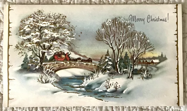 Unused Christmas Winter Bridge Gold Accent Vintage Greeting Card 1950s 1960s