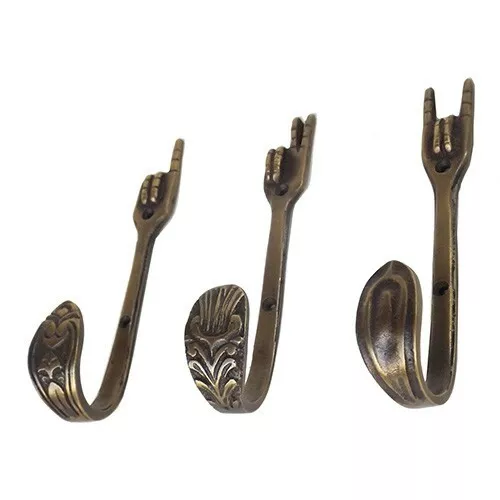 Set of 3pcs Vintage Fork Shape Hook Antique Solid Brass Coat Hanger Wall Mount