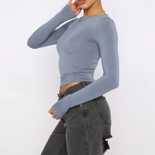 Women's Clothing Fashion Slim Long-sleeved Pullovers Tops Solid Causal Fit Shirt