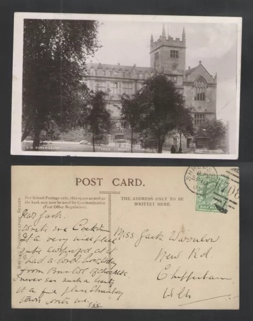 1905 Free Library Shrewsbury England Uk Rppc Postcard Shrewsbury # 708 Cancel