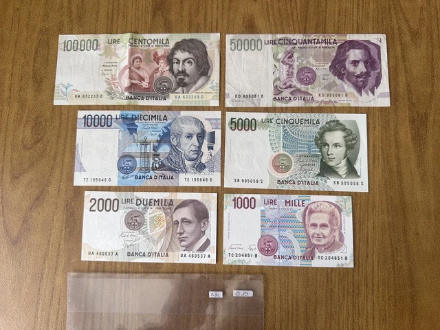 Lotto 6 Banconote Lire 100000 Caravaggio 50000 Bernini 10000 5000 2000 1000 R84