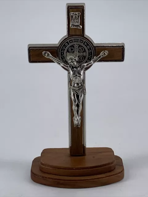 St. Benedict Crucifix Nickel Plated w/ Inlaid Wood - 4.5""