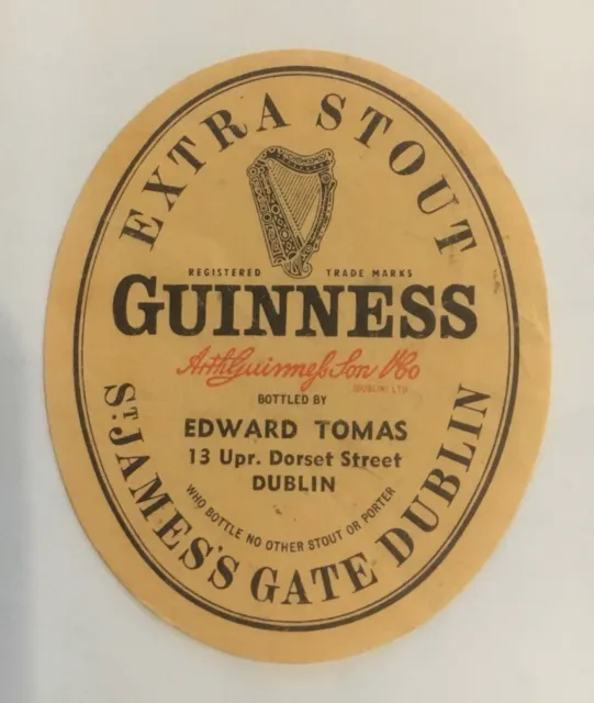 Guinness Bottle Label ,Dorset St., Dublin, Ireland ,Beer ,Brewery , Vintage.