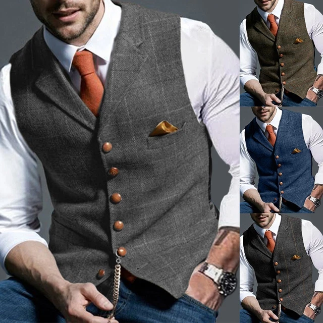 S-3XL Uomo Tweed Gilet Verde Dentellato Bavero Plaid Vintage Wool-Vest Pesce