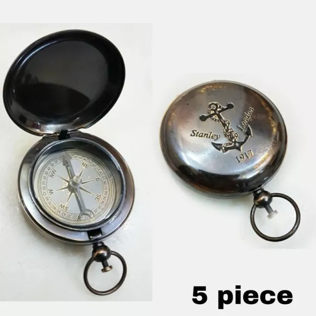 LOT OF 5 Piece Vintage  Push Button Compass Antique Brass  Pocket Style gift.