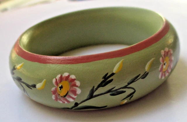 Bracelet Rigide Vintage En Bois Et Laiton Gravé - Bijou Ancien, état Très Bon