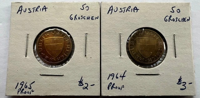 Austria (1) 1964 & (1) 1965 50 Groschen Aluminum-Bronze KM#2885 Proof - Perfect