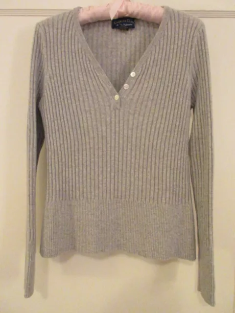 GREY RIBBED CASHMERE V-NECK LONG SLEEVE PULLOVER SWEATER - Charter Club - Small