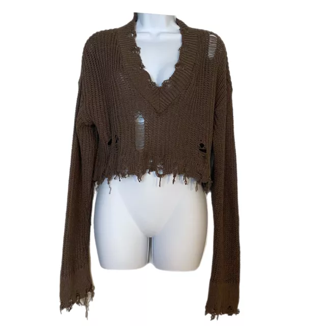 Prettylittlething Brown Distressed Long Sleeve Cropped V Neck Sweater Small