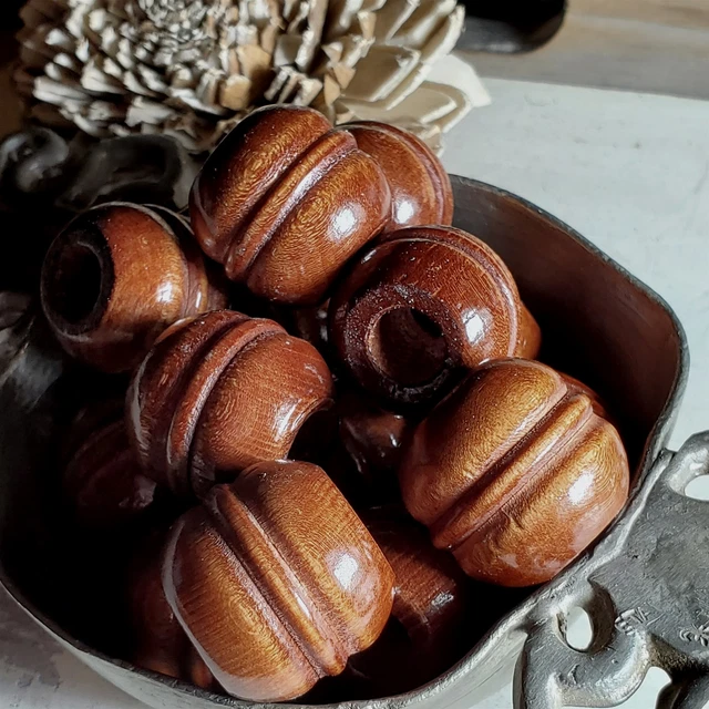 Vintage Japanese Lacquered Carved Brown Wood Big Hole Large Barrel Beads 3 pcs