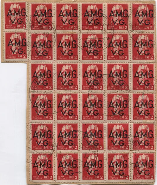 ITALY, TRIESTE AMG VG, BLOCK 30 + 2 STAMPS LIRE 2, ANNUL MONFALCONE JULY 1946  m