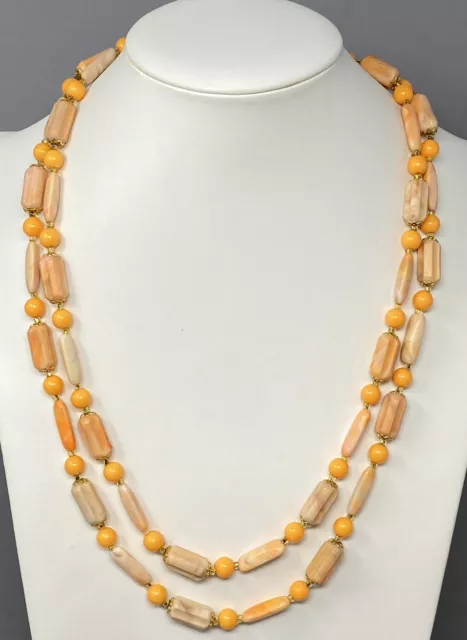 VINTAGE Peach/Orange Marbled Tube Beaded Necklace No Clasp Plastic/Acrylic 48" 3