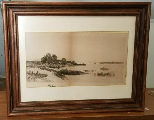 19th Century Engraving GW Bold New England Fishing Bay Antique Framed Matted