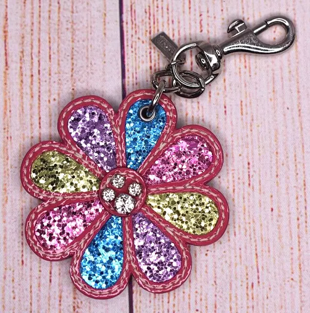 Coach Large Glitter Blue Green Pink Patent Leather Flower Keychain Key Fob 92857