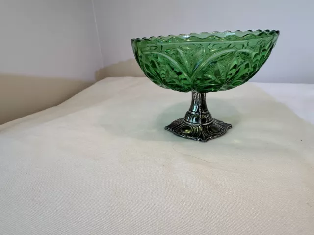 Vintage Green Pressed Glass Footed Bowl With Metal Pedestal 3.5” Tall