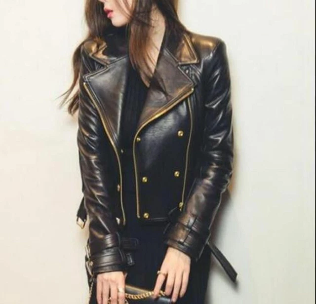 Veste En Cuir Nappa D'agneau Femme - Style Motard Cognac Marron Hold Collection Taille 38/M - Neuf Sans étiquette