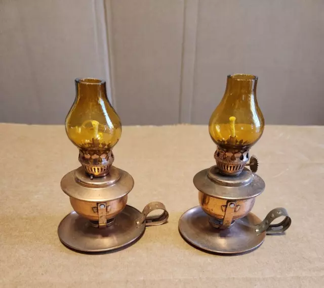 Pair of Vintage Miniature Copper Swivel Finger Oil Lamp for Wall or Table