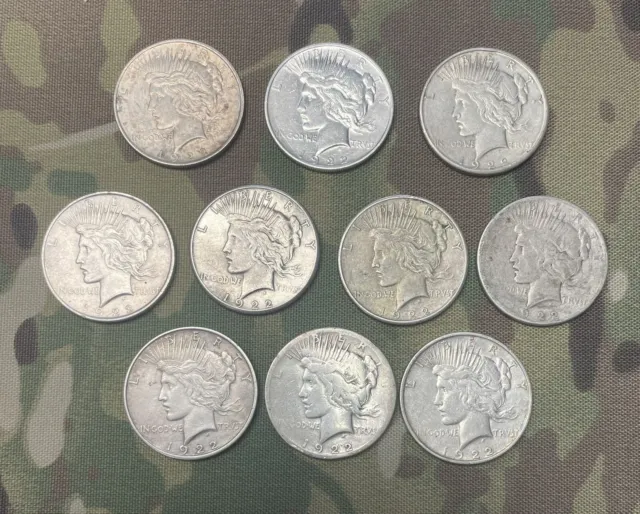 10 1922 US Peace Silver Dollars. 10 Peace Dollar Lot 90% Silver Bullion!