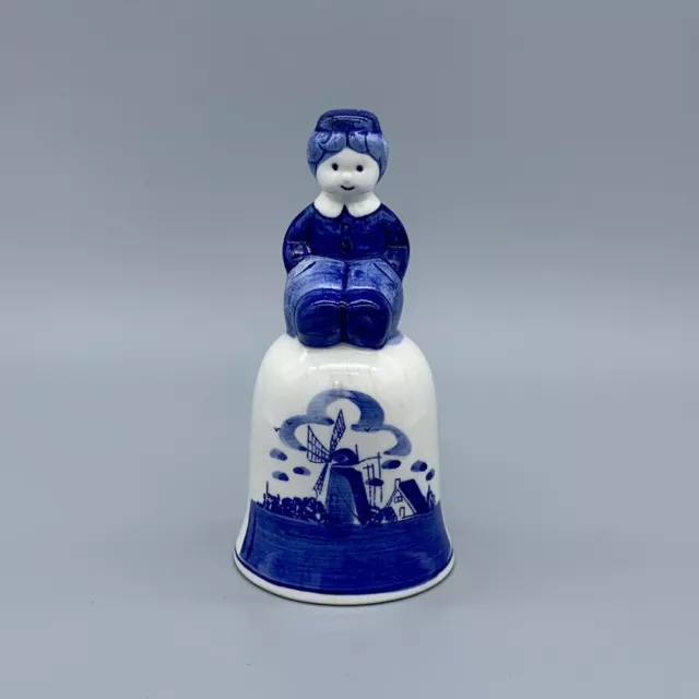 DELFT Blue & White 5” Dutch Boy BELL Hand Painted DAIC Netherlands Windmill VTG