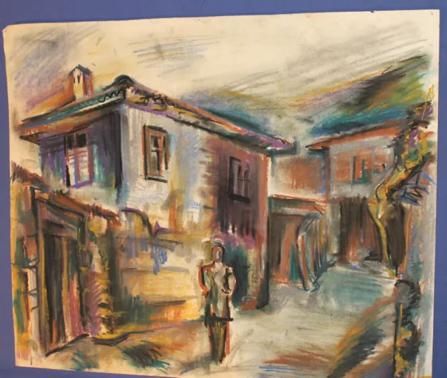 Vintage Post Impressionist Cityscape Pastel Painting 2