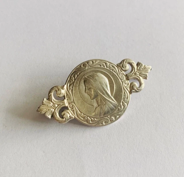Broche Ancienne Motif Religieux Vierge - Métal Argenté Lourd - Occasion Vintage