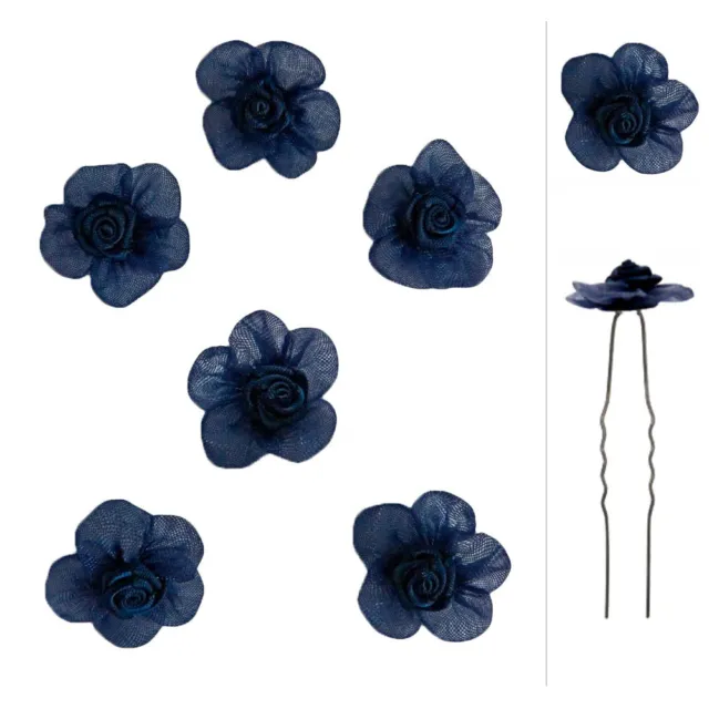 6 épingles cheveux mariage soirée gothique fleur bleu nuit satin organza