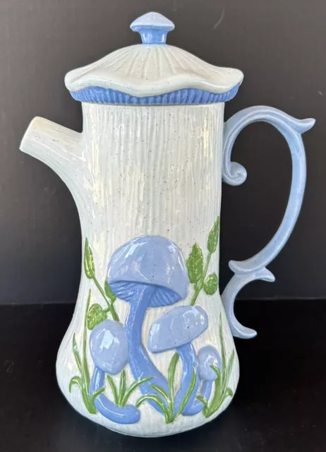 Arnels Mushroom Coffee Pot Tea Pot 11" Blue Ceramic Hand Painted