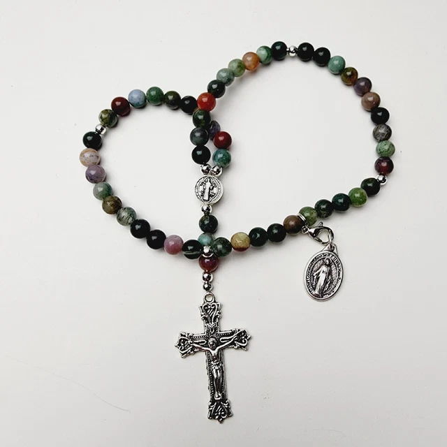 Handmade Indian Agate Catholic Rosary W/ St Benedict Medal & Miraculous Medal
