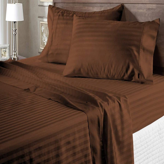 Parure De Draps King Size 100% Coton égyptien 1000 Fils - Rayures Chocolat